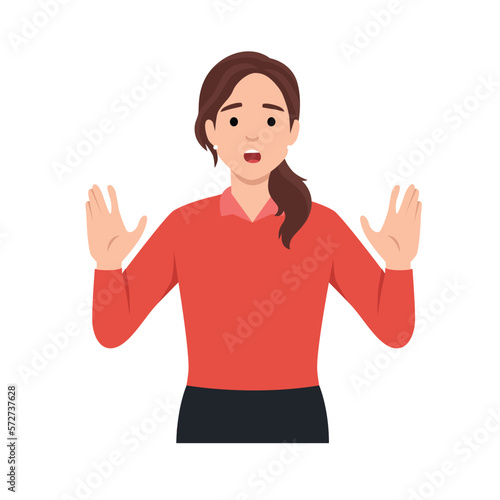 Oh no, stop there. Serious beautiful woman rejects offer, pulls palms in no gesture, asks to stop this. Flat vector illustration isolated on white background