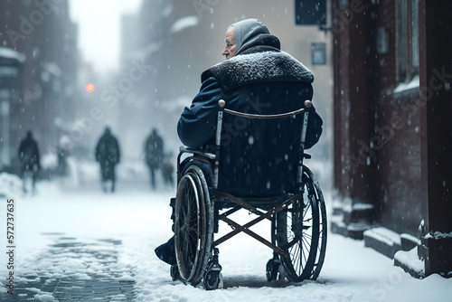 Foto Old senior man in wheelchair in front of winter road