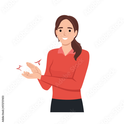 Young woman clapping hands thanking or showing appreciation at event. Flat vector illustration isolated on white background