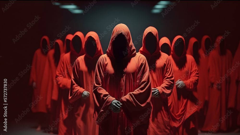 Ceremony of Cultists sect in hood red, dark background. Concept devil cult ceremony, evil rite to hell. Generation AI - obrazy, fototapety, plakaty 
