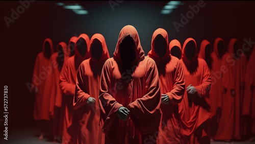 Ceremony of Cultists sect in hood red, dark background. Concept devil cult ceremony, evil rite to hell. Generation AI photo