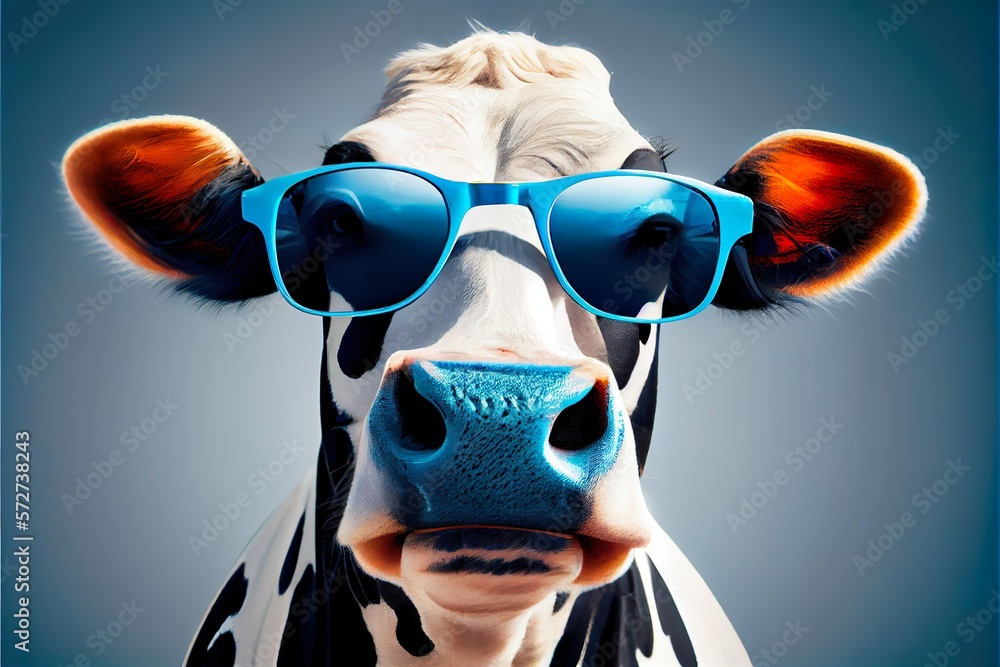 Cute cool funny cow, farm animal wearing sunglasses portrait. Mammal in sun glasses. Generative AI Cute cool funny cow, farm animal wearing sunglasses portrait. Mammal in sun glasses. Generative AI