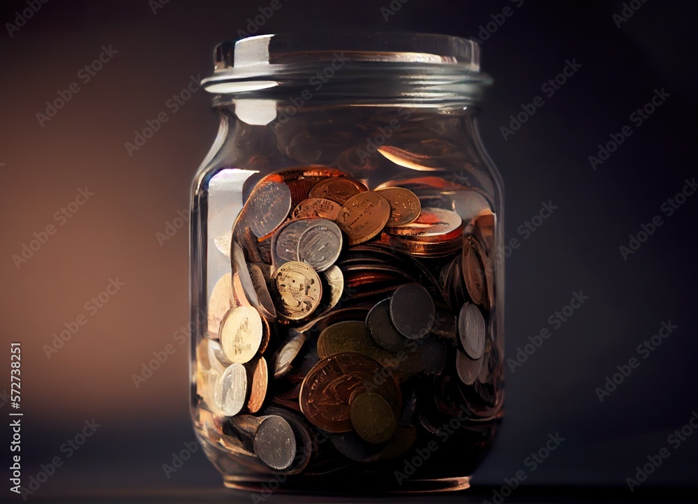 Glass jar full of cash money, coins. Savings, deposit, financial concept. Generative AI Glass jar full of cash money, coins. Savings, deposit, financial concept. Generative AI
