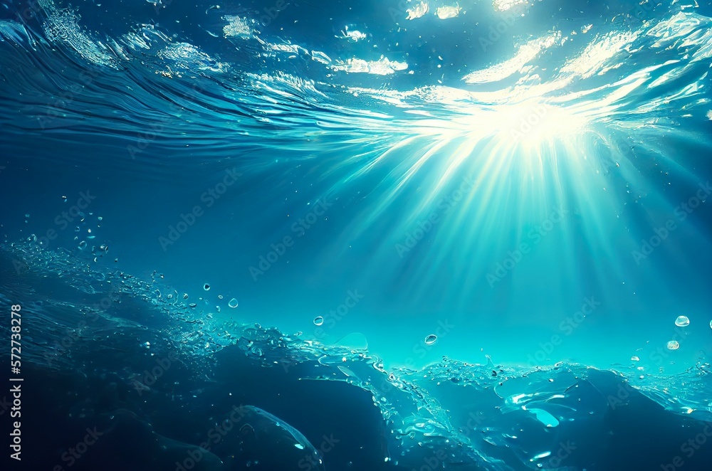 Underwater, blue water, sea bed, bottom background with sun rays from aqua surface. Generative AI Underwater, blue water, sea bed, bottom background with sun rays from aqua surface. Generative AI