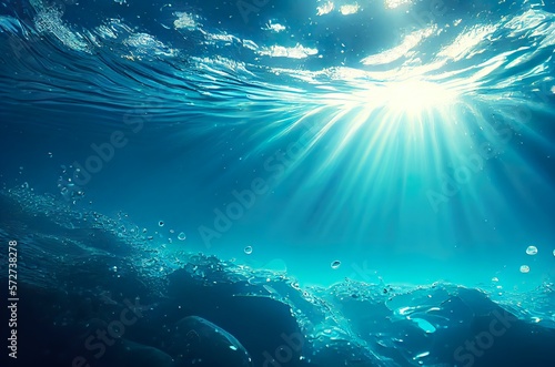 Underwater, blue water, sea bed, bottom background with sun rays from aqua surface. Generative AI
