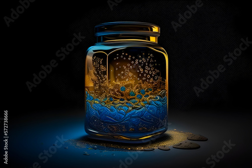 ornate patterns inside a chemical flask, a metaphor for research in biology, cosmetology. alchemical jar with magic light on a dark background. generative ai photo