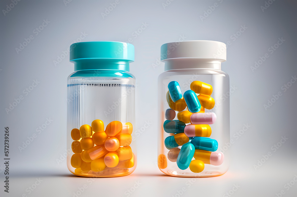 multi-colored pills in transparent jars, rainbow vitamins in bottles, magic pills for all ailments. generative ai multi-colored pills in transparent jars, rainbow vitamins in bottles, magic pills for all ailments. generative ai