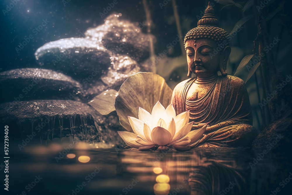 Lotus flower and buddha statue. Generative AI