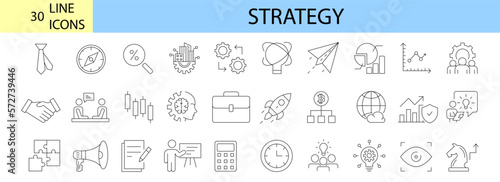 Business Strategy web icons in line style. Srtategy, startup, teamwork, people, plan, payment, management, target, employee, infographic. Icon collection. Vector illustration.