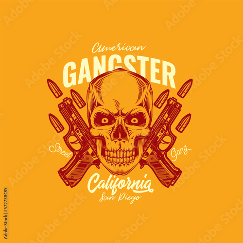 Original vector illustration in retro style. Skull bandit on the background of two guns. T-shirt or sticker design.