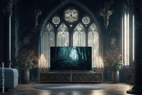  8k Tv Screen in a Gothic Apartment Interior 