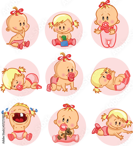 Vector set with a baby girls baby care accessories, toys. Isolated vector illustration. Perfect for prints, calendar, sticker, invitation, baby shower, children clothes, poster.