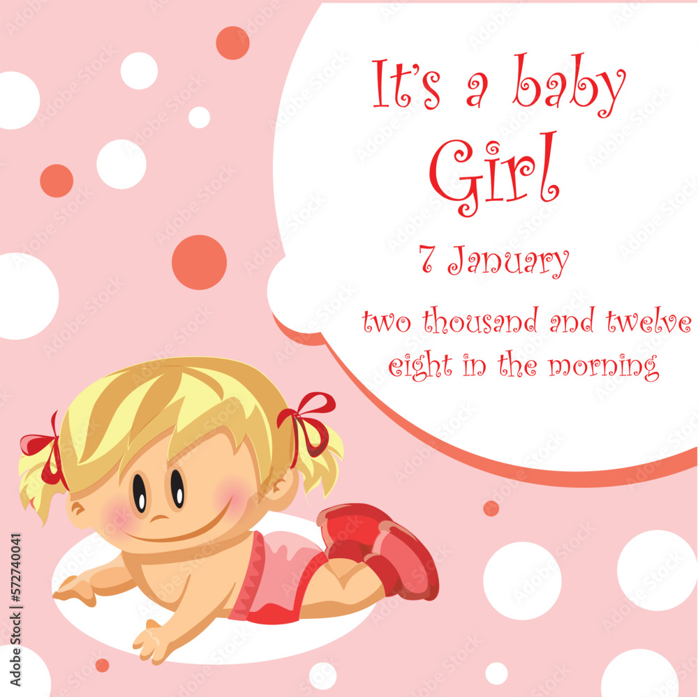 Set of baby shower invitation with cartoon baby girl and helium balloons on blue and pink background. It's a boy. It's a girl Set of baby shower invitation with cartoon baby girl and helium balloons on blue and pink background. It's a boy. It's a girl
