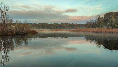 Paysage aux couleurs de l automne avec un   tang et de la brume 