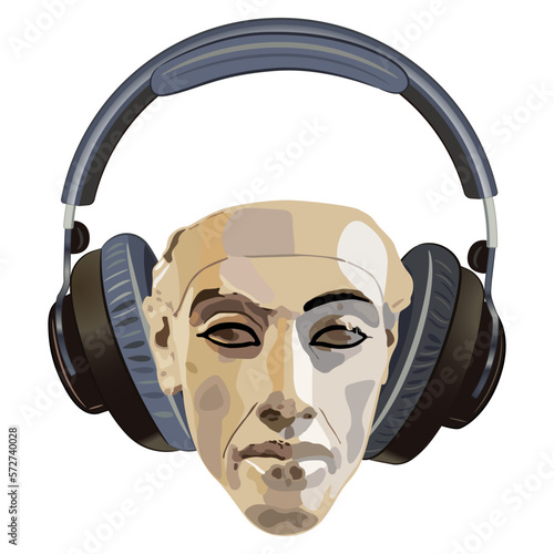 Portrait head of ancient Egyptian pharaoh Akhenaten wearing headphones and listening to music. Funny creative design. Isolated vector illustration.