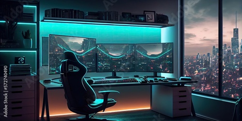 Game room with a computer for cyber gamers. panoramic cityscape outside the window. Generative AI. © andrenascimento
