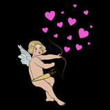 Seated Cupid or Amur with bow and arrows and heart symbols. Antique god of love as Putto child. Romantic Valentine's Day design. On black background.