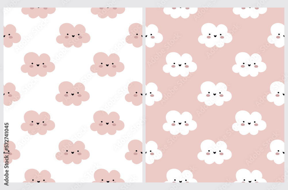 Baby Shower Seamless Vector Pattern with Cute Kawaii Style Smiling Clouds. Fluffy Happy Clouds isolated on a White and Pastel Pink Background. Nursery Print ideal for Fabric, Textile, Wrapping Paper.