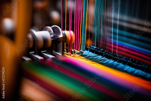 abstract image of a loom at work, with blurry motion and vibrant colors, depicting the energy and creativity of the textile industry, generative ai