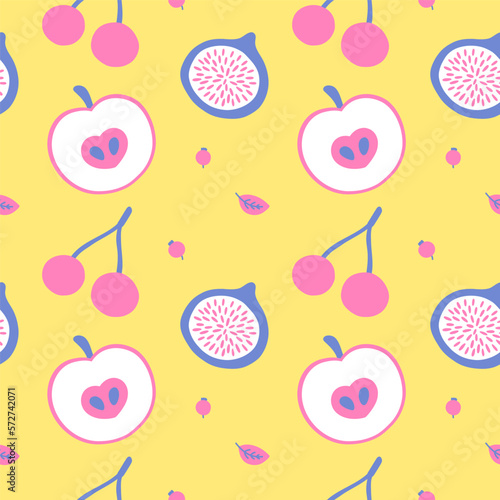 Fun colorful seamless pattern. Creative 90s style background with fruit. Playful doodle wallpaper print.