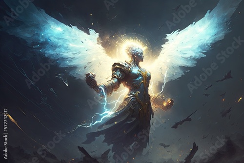 Obraz na plátně Epic archangel warrior knight paladin in heaven with armor and wings, angel fantasy