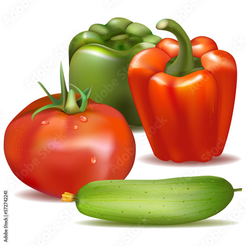 A set of fresh juicy vegetables Bulgarian sweet pepper green and red, juicy red tomato and fresh green cucumber are irreplaceable ingredients in the kitchen