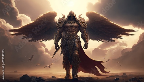 Valokuva Epic archangel warrior knight paladin in heaven with armor and wings, angel fantasy