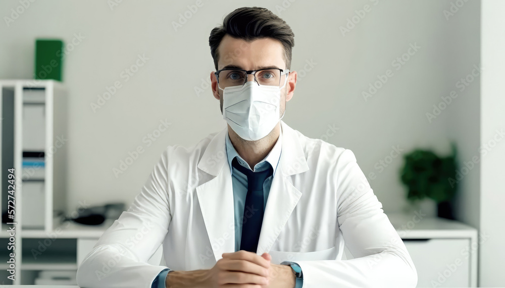 close-up caucasian male doctor or scientist in a mask in the office .medicine, profession and science and education concept.health care. generative AI close-up caucasian male doctor or scientist in a mask in the office .medicine, profession and science and education concept.health care. generative AI
