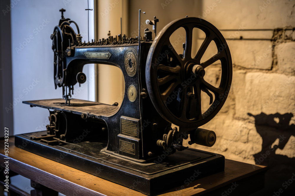 historic textile museum showcasing antique sewing machines, generative ai
