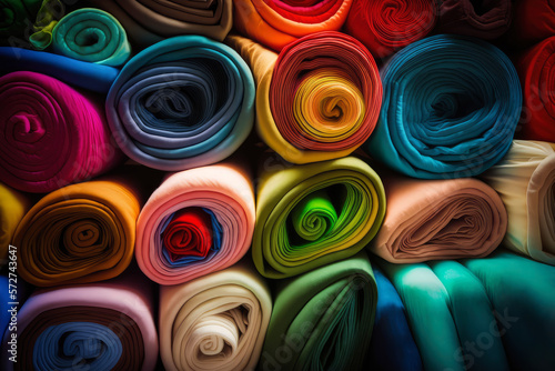 large display of colorful silk fabric rolls, piled high in a textile shop The vibrant colors and textures are a feast for the eyes, generative ai