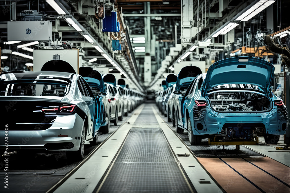 Mass production assembly line of modern cars in a busy factory, generative ai - obrazy, fototapety, plakaty 