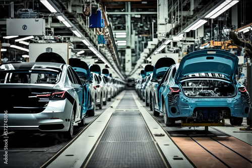 Tela Mass production assembly line of modern cars in a busy factory, generative ai