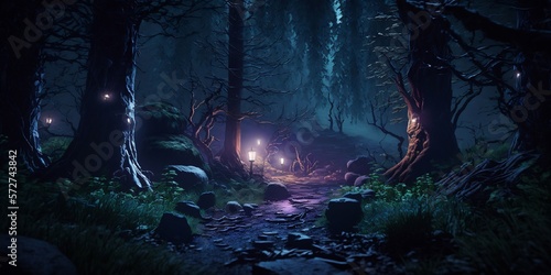 Photographie forêt sombre et mystérieuse,  format panoramique - illustration ia