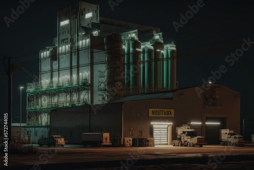 night shot of a corn processing factory The image shows a sprawling industrial complex, with brightly lit windows and neon signs , generative ai