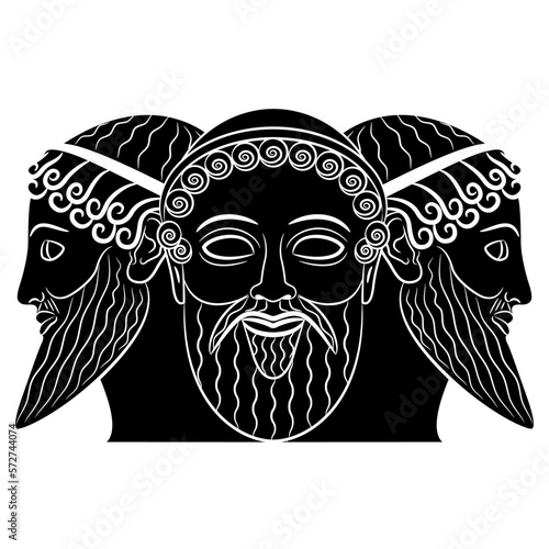 Patriarchal triad. Three heads of bearded ancient Greek gods. Zeus, Poseidon and Hades. Trimurti. Creative mythological concept. Black and white silhouette.