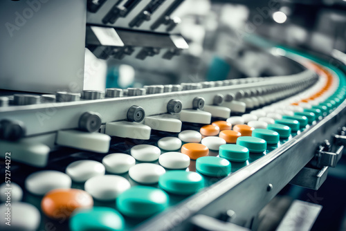 Pharmaceutical Industry's State-of-the-Art Factory with Pills on Conveyor, generative ai photo