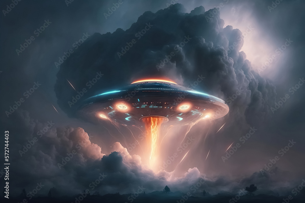 Epic UFO spaceship in the sky in the dark clouds. Generative AI digital ...
