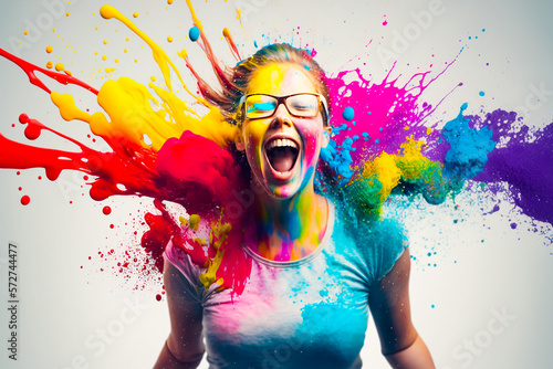 Valokuvatapetti Happy young woman enjoying colorful Holy powder splash