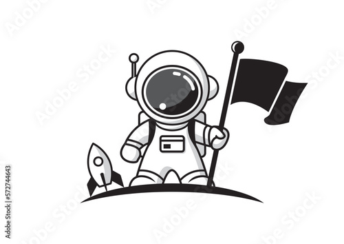Astronaut with flag and space rocket