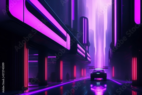 A night of Cyberpunk City with Neon. Street with a car and buildings   Background 3D Illustration © EduardoJ
