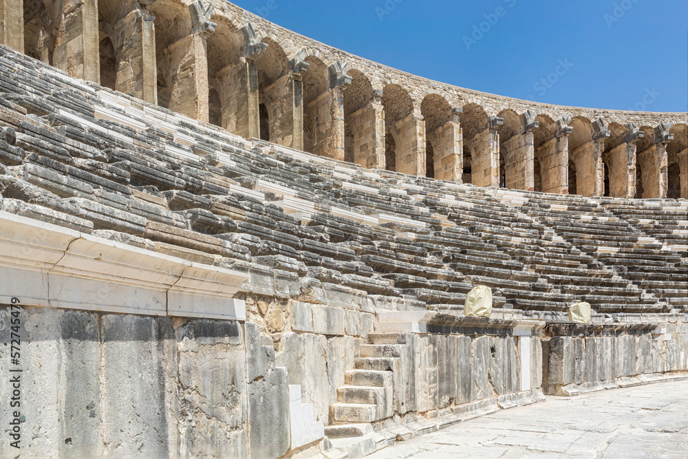 Aspendos, Antalya region, Turkey (Turkiye). The columned gallery above the auditorium-theatre in the Ancient Roman Theater of Aspendos