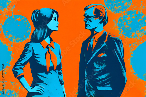 Political debates illustration. Blue and ogange retro style. AI generative photo