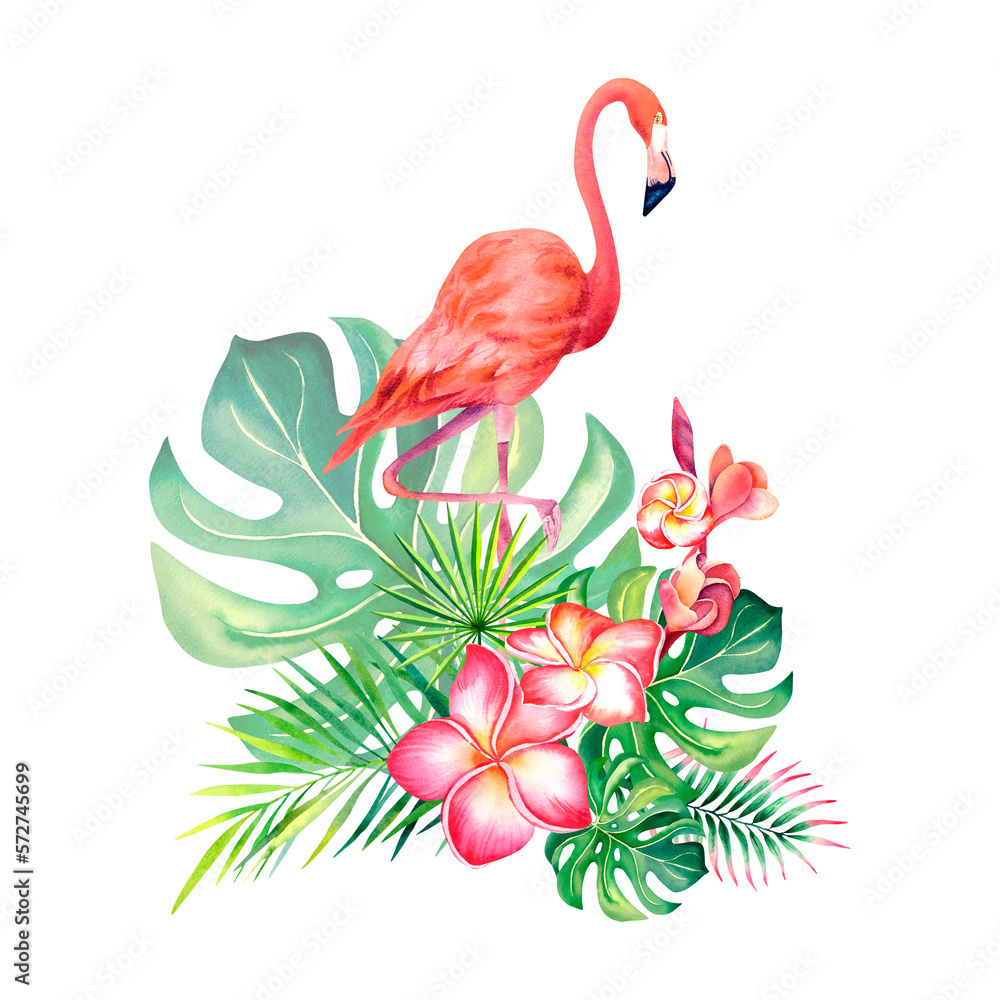 Pink flamingo. Composition of monstera, palm branch and plumeria on an isolated background. An exotic bird. Watercolor illustration. Pink flamingo. Composition of monstera, palm branch and plumeria on an isolated background. An exotic bird. Watercolor illustration.