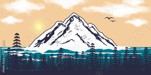 Mountain lake landscape vector illustration. Cartoon flat panorama of spring summer beautiful nature, green grasslands meadow with flowers, forest, scenic blue lake and mountains on horizon background