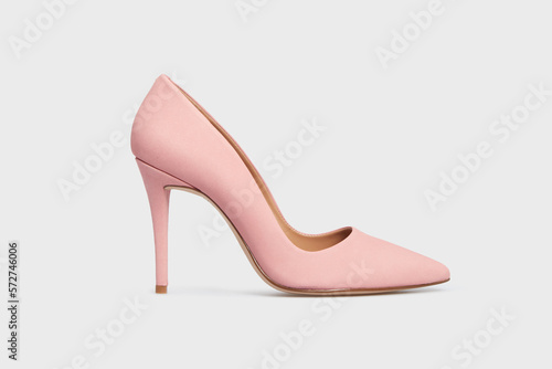 Light pink pointy toe women's shoe with high heels isolated on white background. Female classic stiletto heels in suede leather. Single. Mock up, template