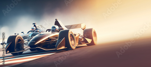 Process Competitions of Race car formula, banner motorsport on background sunset. Generation AI