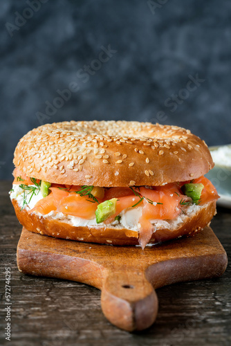 Sesame bagel with cream cheese and smoked salmon