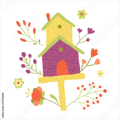 Yellow and purple two stored cartoon birdhouse with green roof and red berries and flowers. For spring greeting cards and Easter illustrations 