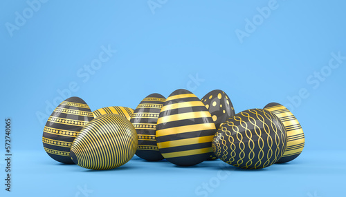 3d render of 8 black and gold easter eggs on blue background.