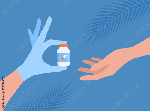A doctor's hand in a blue medical glove holding a jar of medicine or vitamins and a patient's outstretched hand. The doctor giving pills to the patient. Vector illustration in flat style